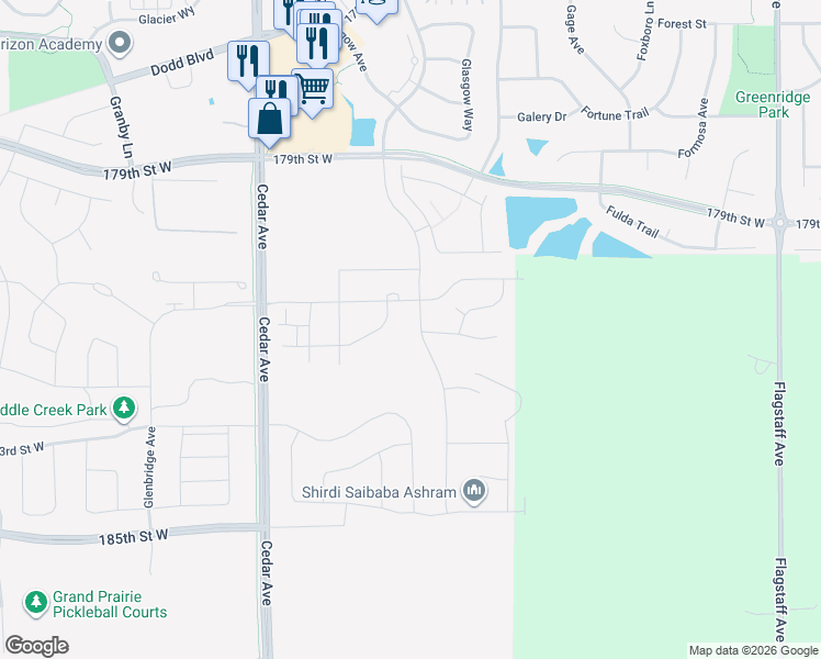 map of restaurants, bars, coffee shops, grocery stores, and more near 18121 Glacier Way in Lakeville