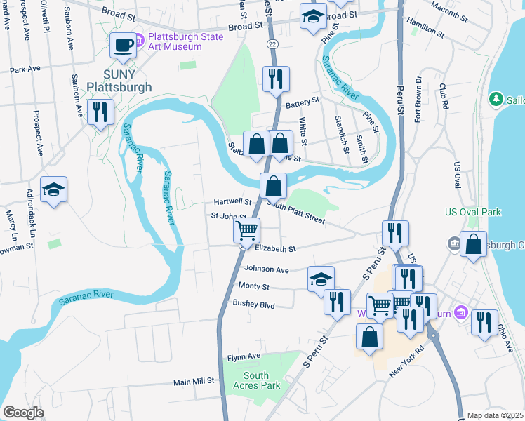 map of restaurants, bars, coffee shops, grocery stores, and more near 8 South Platt Street in Plattsburgh