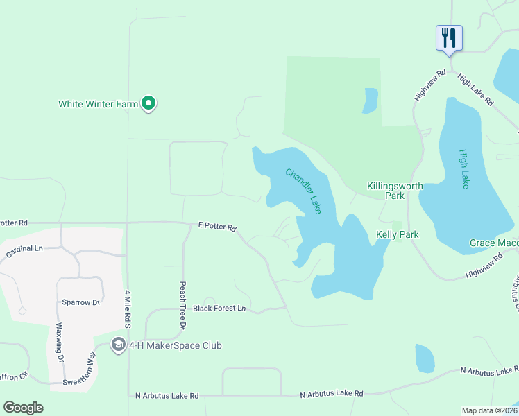 map of restaurants, bars, coffee shops, grocery stores, and more near 2390 Lake Chandler Drive in Traverse City
