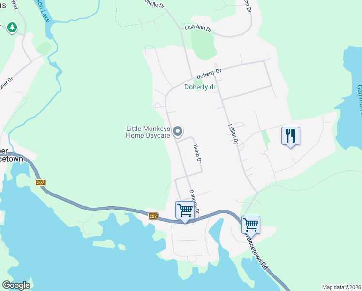 map of restaurants, bars, coffee shops, grocery stores, and more near 110 Hebb Drive in Lawrencetown