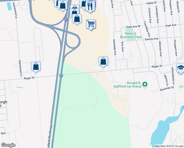 map of restaurants, bars, coffee shops, grocery stores, and more near 281 Rugar Street in Plattsburgh