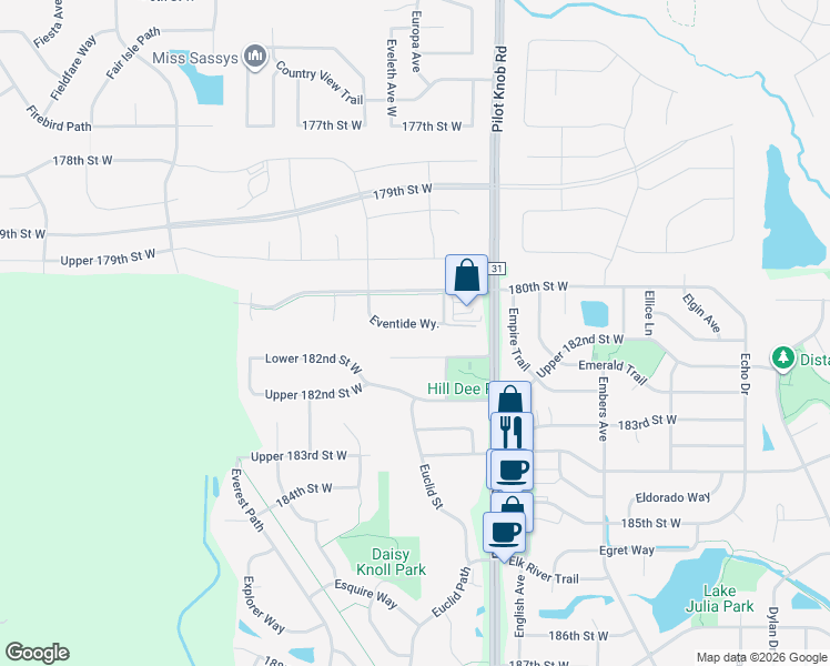 map of restaurants, bars, coffee shops, grocery stores, and more near 5665 Lower 182nd Street West in Farmington