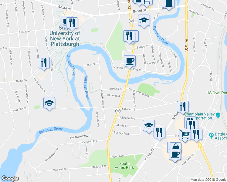 map of restaurants, bars, coffee shops, grocery stores, and more near 17 Hartwell Street in Plattsburgh