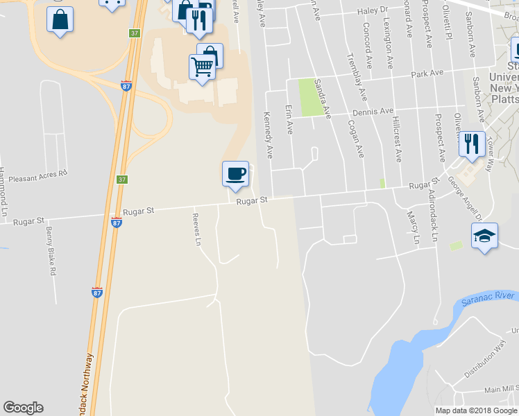 map of restaurants, bars, coffee shops, grocery stores, and more near 5 Flanagan Drive in Plattsburgh