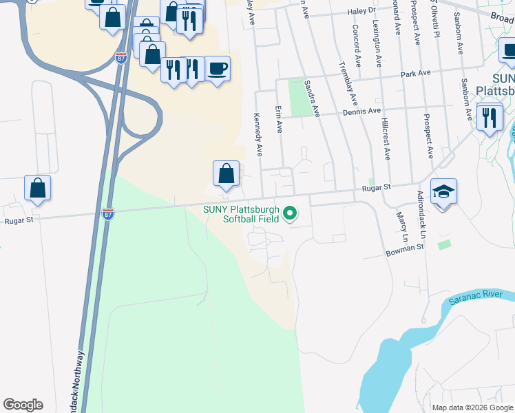 map of restaurants, bars, coffee shops, grocery stores, and more near 15 Flanagan Drive in Plattsburgh