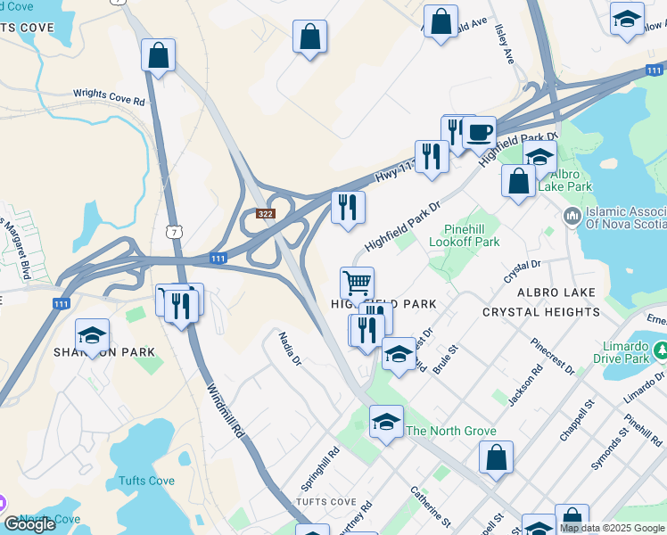 map of restaurants, bars, coffee shops, grocery stores, and more near 76 Highfield Park Drive in Dartmouth