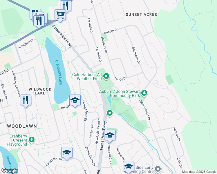 map of restaurants, bars, coffee shops, grocery stores, and more near 461 Auburn Drive in Dartmouth