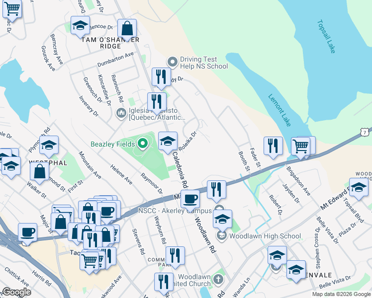 map of restaurants, bars, coffee shops, grocery stores, and more near 24 Roleika Drive in Dartmouth