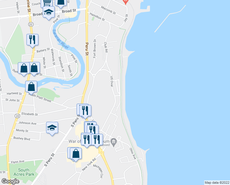 map of restaurants, bars, coffee shops, grocery stores, and more near 64 US Oval in Plattsburgh