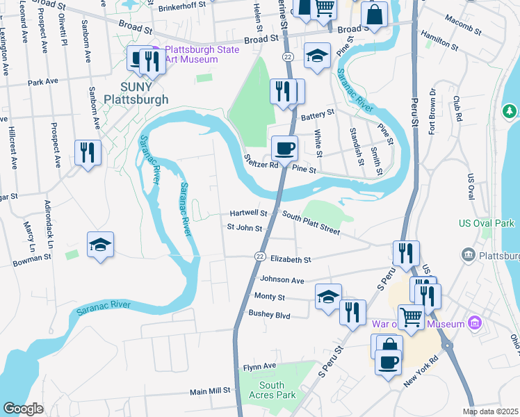 map of restaurants, bars, coffee shops, grocery stores, and more near 12 Hartwell St in Plattsburgh