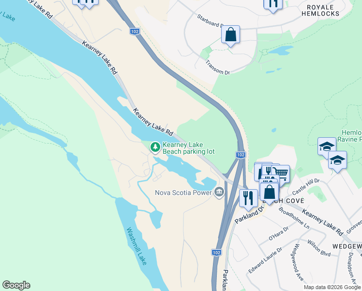 map of restaurants, bars, coffee shops, grocery stores, and more near 6 Hamshaw Drive in Halifax