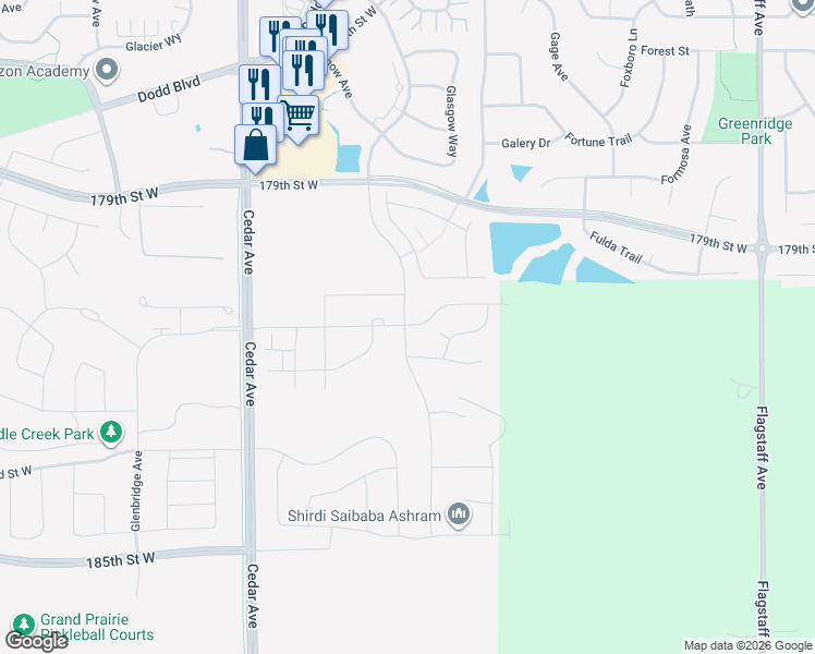 map of restaurants, bars, coffee shops, grocery stores, and more near Glacier Way in Farmington