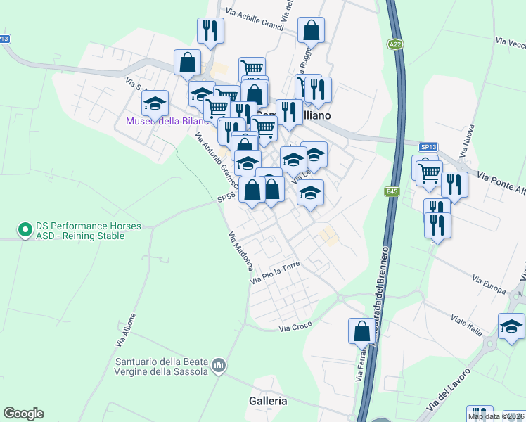 map of restaurants, bars, coffee shops, grocery stores, and more near 6 Via Barchetta in Campogalliano