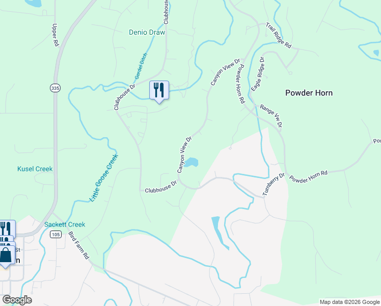 map of restaurants, bars, coffee shops, grocery stores, and more near 58 Canyon View Drive in Sheridan