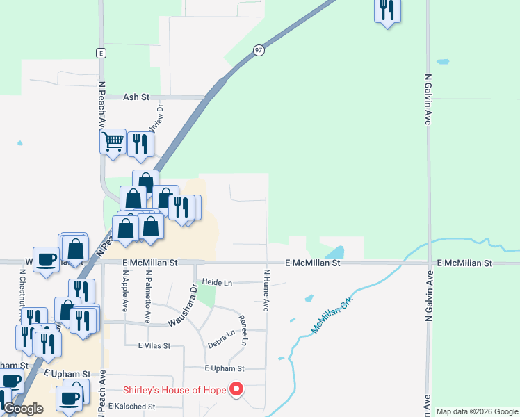 map of restaurants, bars, coffee shops, grocery stores, and more near 1808 North Hume Avenue in Marshfield