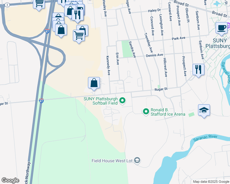 map of restaurants, bars, coffee shops, grocery stores, and more near 4 Kennedy Ave in Plattsburgh