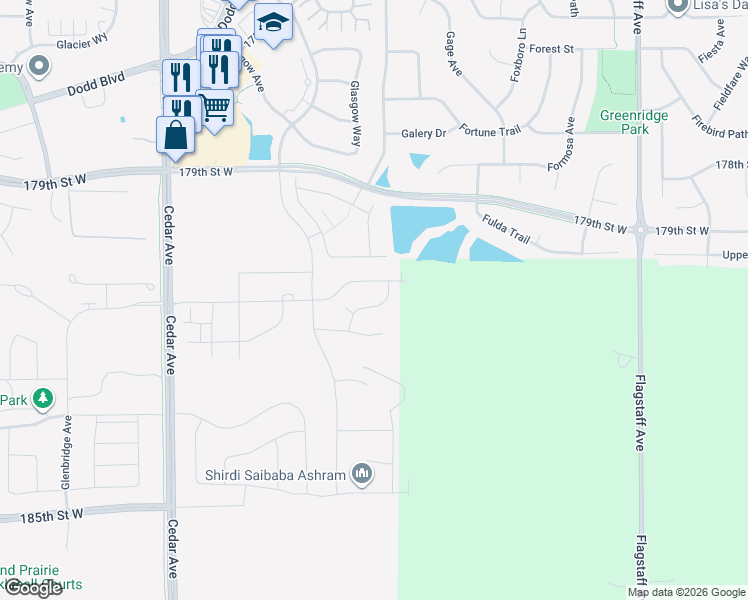 map of restaurants, bars, coffee shops, grocery stores, and more near 179th Street West in Farmington