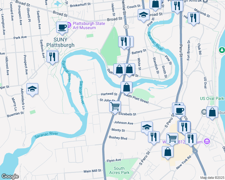 map of restaurants, bars, coffee shops, grocery stores, and more near 12 Hartwell Street in Plattsburgh