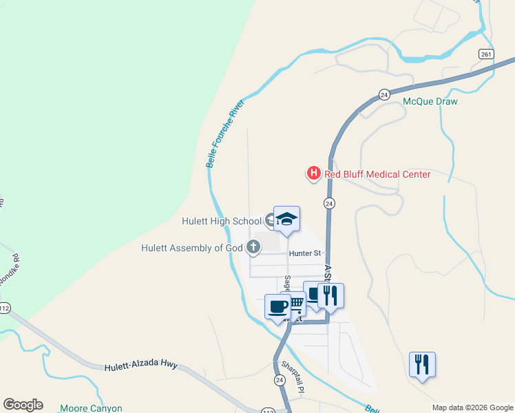 map of restaurants, bars, coffee shops, grocery stores, and more near 454 Riverside Avenue in Hulett