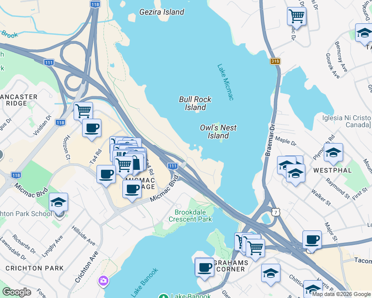 map of restaurants, bars, coffee shops, grocery stores, and more near 23 Lakeshore Park Terrace in Dartmouth