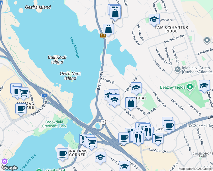 map of restaurants, bars, coffee shops, grocery stores, and more near 33 Braeside Court in Dartmouth