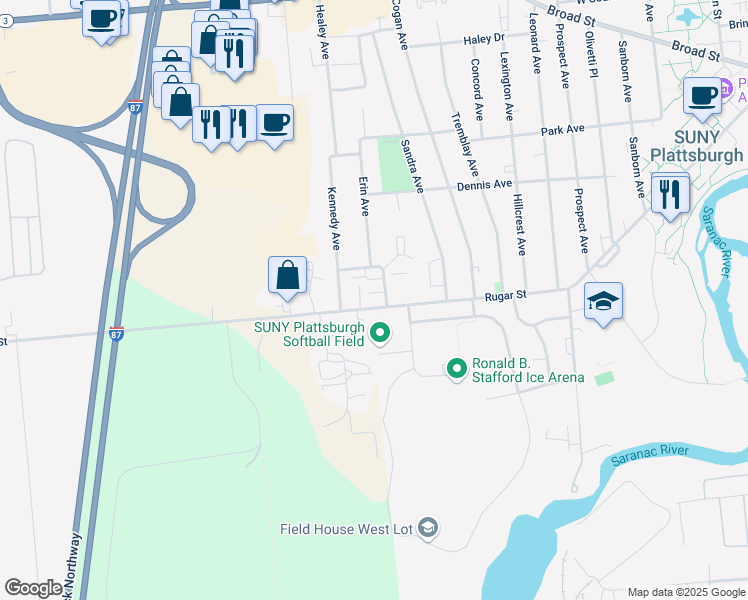 map of restaurants, bars, coffee shops, grocery stores, and more near 1 College Avenue in Plattsburgh
