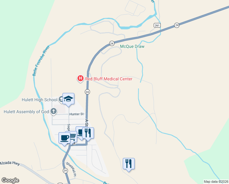 map of restaurants, bars, coffee shops, grocery stores, and more near 6 Tower View Drive in Hulett
