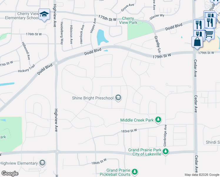 map of restaurants, bars, coffee shops, grocery stores, and more near 18036 Harlow Path in Lakeville
