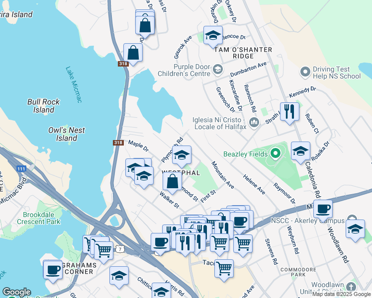 map of restaurants, bars, coffee shops, grocery stores, and more near 5 Birchdale Avenue in Dartmouth