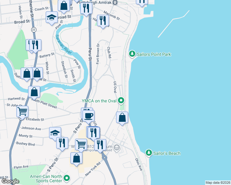 map of restaurants, bars, coffee shops, grocery stores, and more near 66 US Oval in Plattsburgh