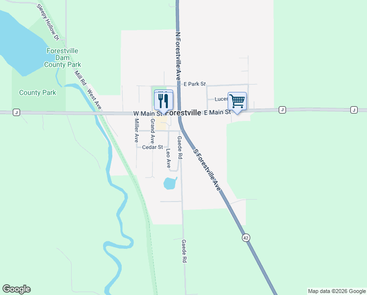 map of restaurants, bars, coffee shops, grocery stores, and more near 231 South Forestville Avenue in Forestville
