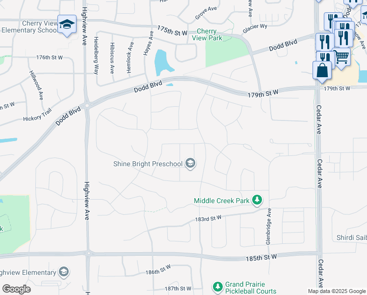 map of restaurants, bars, coffee shops, grocery stores, and more near 18036 Harlow Path in Lakeville