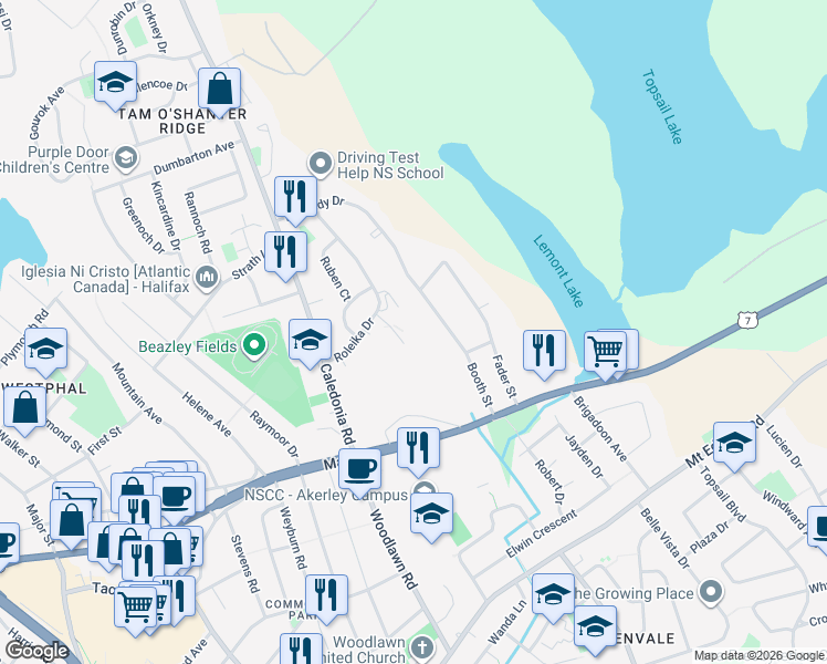 map of restaurants, bars, coffee shops, grocery stores, and more near 14 Churchill Court in Dartmouth