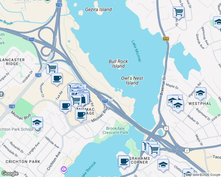 map of restaurants, bars, coffee shops, grocery stores, and more near 35 Lakeshore Park Terrace in Dartmouth
