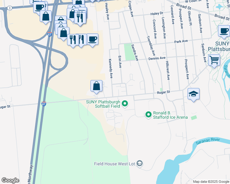 map of restaurants, bars, coffee shops, grocery stores, and more near 4 Kennedy Ave in Plattsburgh