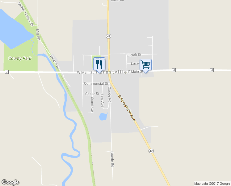 map of restaurants, bars, coffee shops, grocery stores, and more near 231 South Forestville Avenue in Forestville