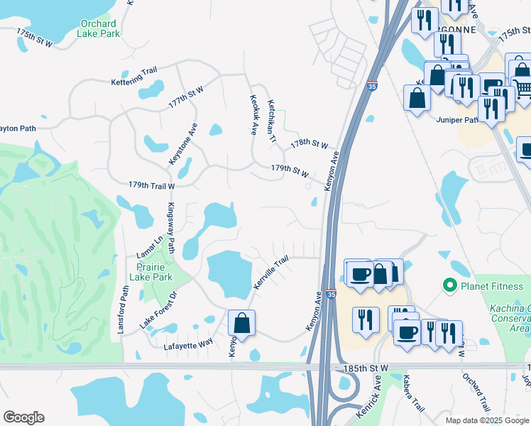 map of restaurants, bars, coffee shops, grocery stores, and more near 18055 Kindred Court in Lakeville