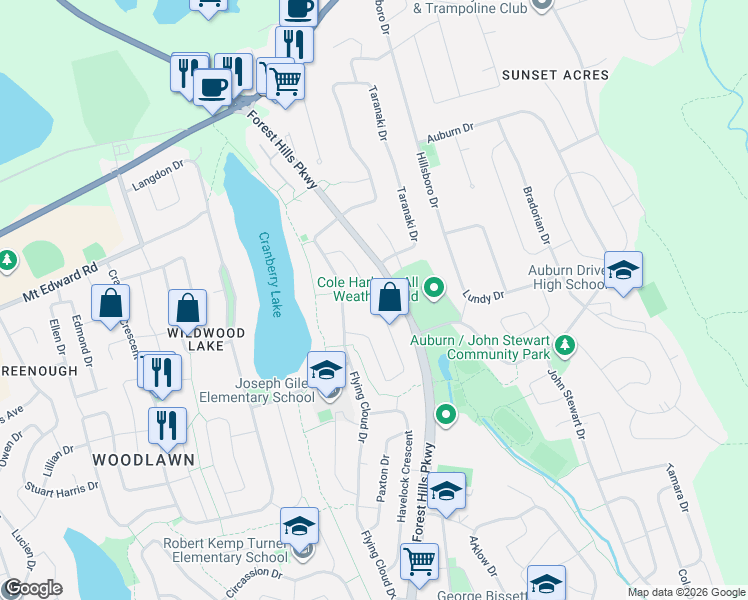 map of restaurants, bars, coffee shops, grocery stores, and more near Nestor Crescent in Dartmouth