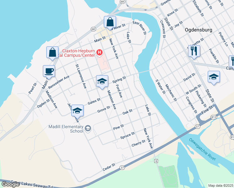 map of restaurants, bars, coffee shops, grocery stores, and more near 204 Gates St in Ogdensburg