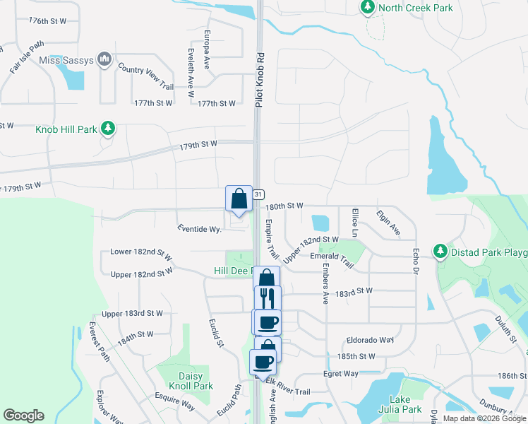 map of restaurants, bars, coffee shops, grocery stores, and more near 18005 Empire Trail in Farmington
