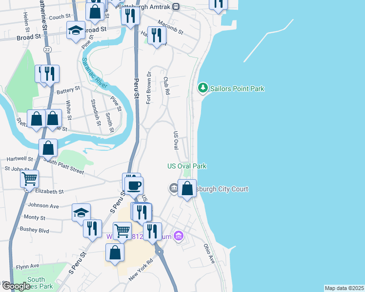map of restaurants, bars, coffee shops, grocery stores, and more near 68 US Oval in Plattsburgh