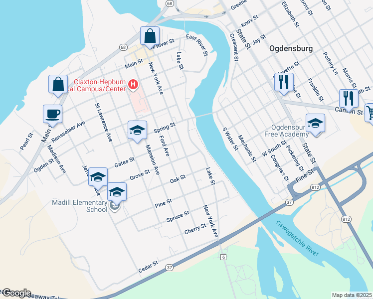 map of restaurants, bars, coffee shops, grocery stores, and more near 616 New York Avenue in Ogdensburg