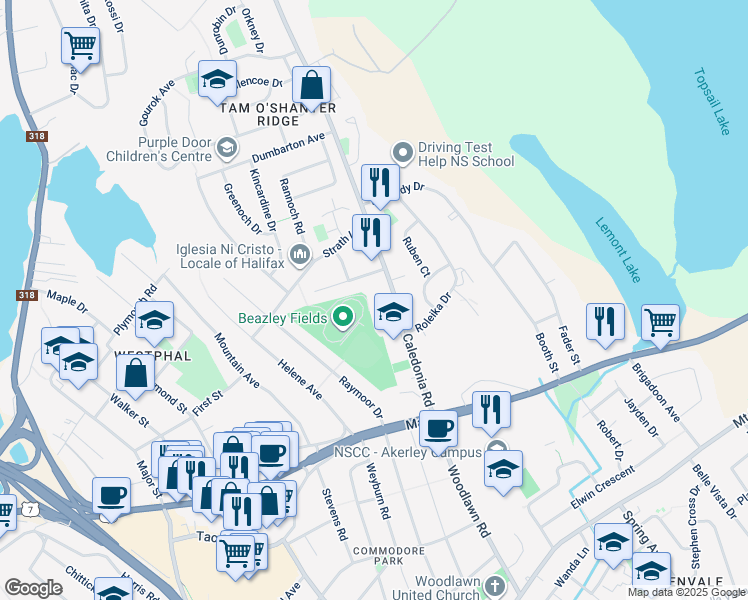 map of restaurants, bars, coffee shops, grocery stores, and more near 62 Caledonia Road in Dartmouth