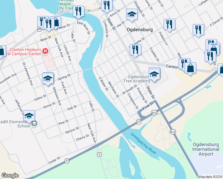 map of restaurants, bars, coffee shops, grocery stores, and more near 1005 Mechanic St in Ogdensburg