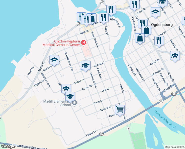 map of restaurants, bars, coffee shops, grocery stores, and more near 204-298 Gates Street in Ogdensburg