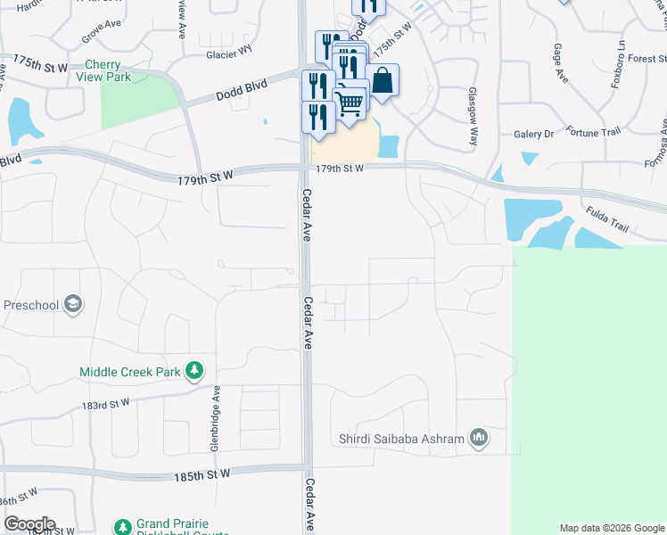 map of restaurants, bars, coffee shops, grocery stores, and more near 7385 181st Street West in Lakeville