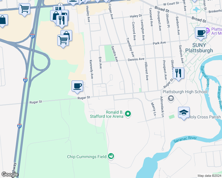 map of restaurants, bars, coffee shops, grocery stores, and more near 184 Rugar Street in Plattsburgh