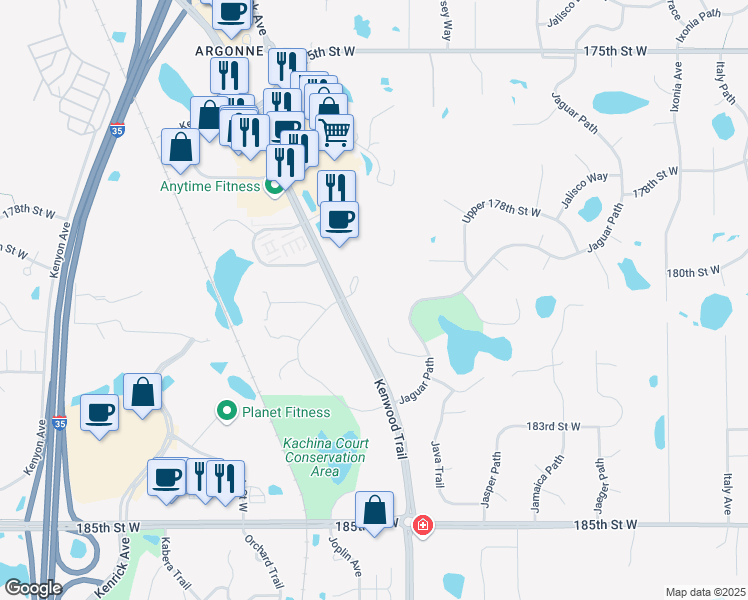 map of restaurants, bars, coffee shops, grocery stores, and more near 18030 Kenwood Trail in Lakeville