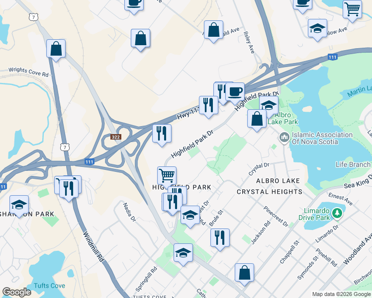 map of restaurants, bars, coffee shops, grocery stores, and more near 66 Highfield Park Drive in Dartmouth
