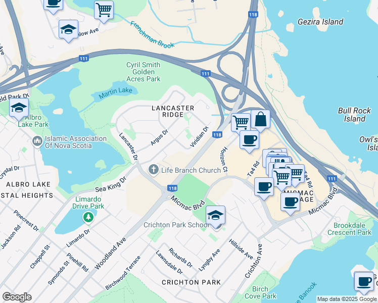 map of restaurants, bars, coffee shops, grocery stores, and more near 34 Viridian Drive in Dartmouth